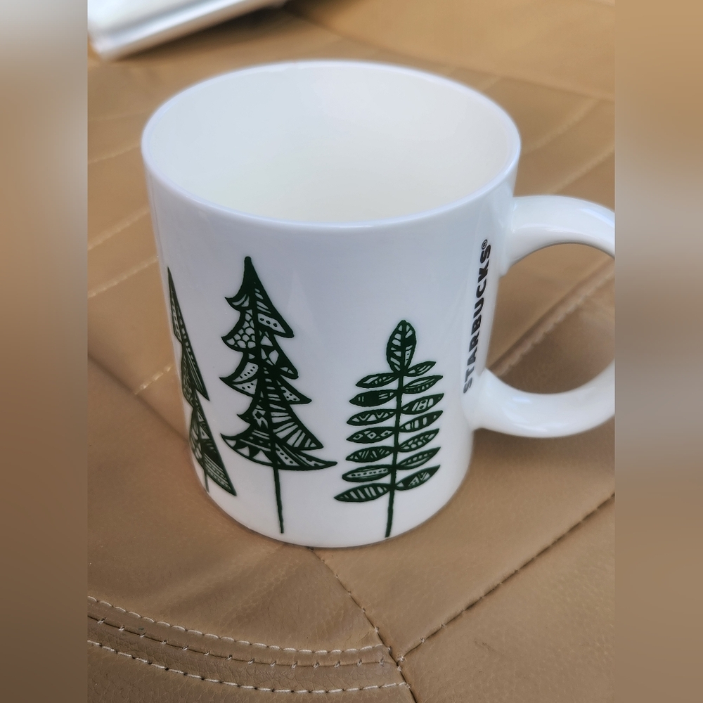 Starbucks Coffee Mug 2015 White Green Pine Trees Christmas Holiday Cup 12 oz